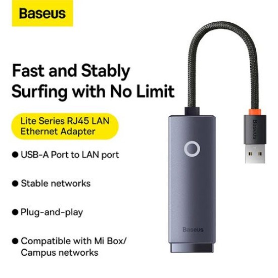 BASEUS LITE SERIES 1000MBPS ETHERNET ADAPTER USB-A TO RJ45 LAN PORT (GREY) BASEUS LITE SERIES 1000MBPS ETHERNET ADAPTER USB-A TO RJ45 LAN PORT (GREY)