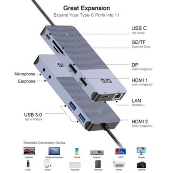 QGEEM GIQ 11-IN-1 4K USB-C DISPLAY LINK DOCKING STATION (D6906P)